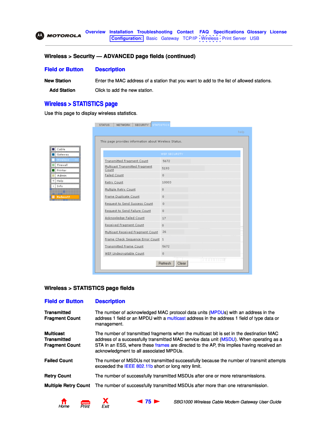 Motorola SBG1000 manual Wireless STATISTICS page, Wireless Security - ADVANCED page fields continued, Field or Button 