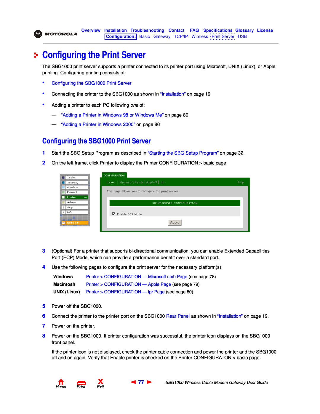 Motorola Configuring the Print Server, Configuring the SBG1000 Print Server, “Adding a Printer in Windows 2000” on page 