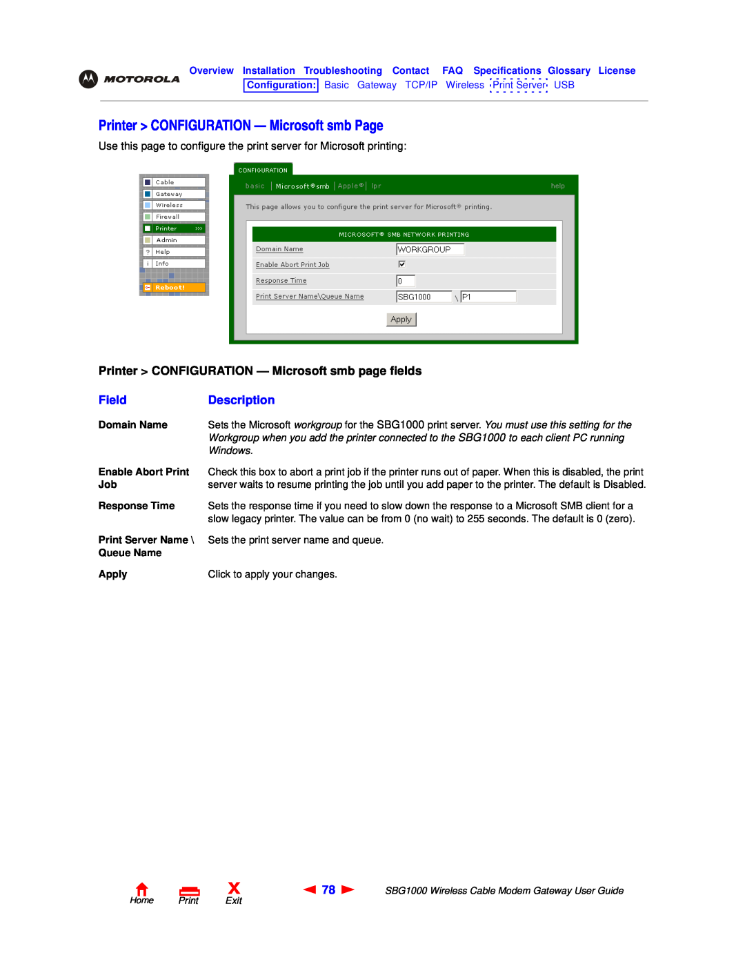 Motorola SBG1000 Printer CONFIGURATION - Microsoft smb Page, Printer CONFIGURATION - Microsoft smb page fields, Field 