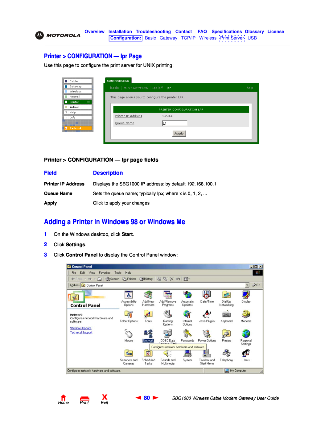 Motorola SBG1000 Adding a Printer in Windows 98 or Windows Me, Printer CONFIGURATION - lpr Page, Click Settings, Field 