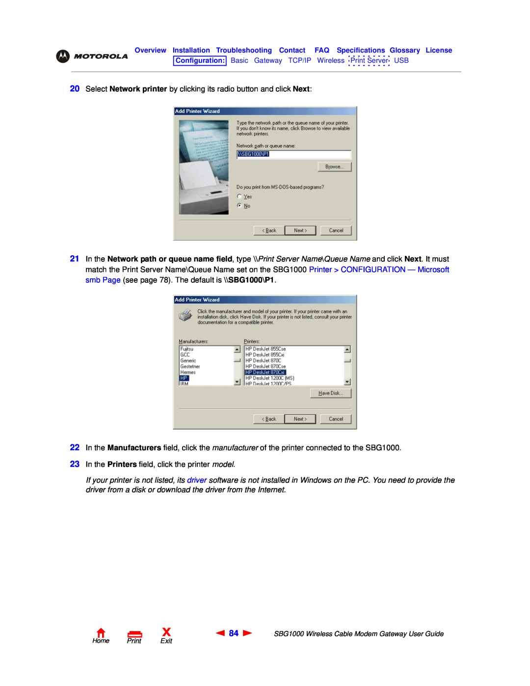 Motorola SBG1000 manual Select Network printer by clicking its radio button and click Next, Home Print Exit 