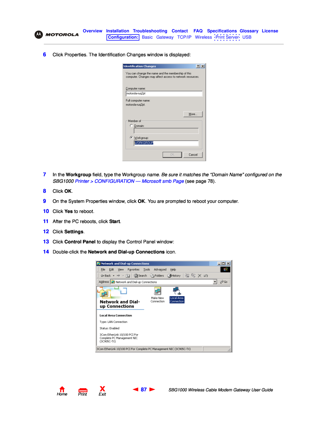 Motorola SBG1000 manual Click Settings, Double-click the Network and Dial-up Connections icon 