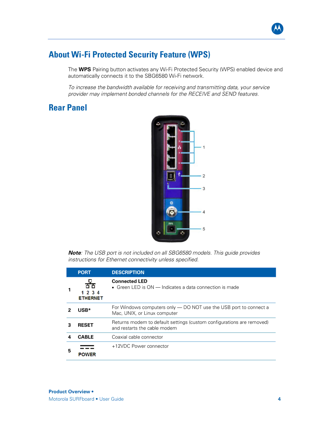 Motorola SBG6580 manual About Wi-Fi Protected Security Feature WPS, Rear Panel 