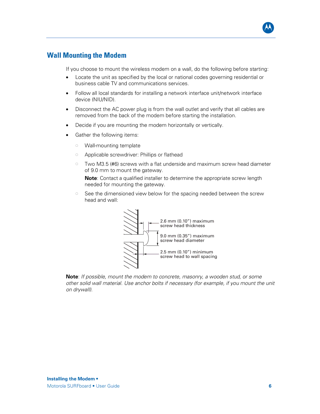 Motorola SBG6580 manual Wall Mounting the Modem 