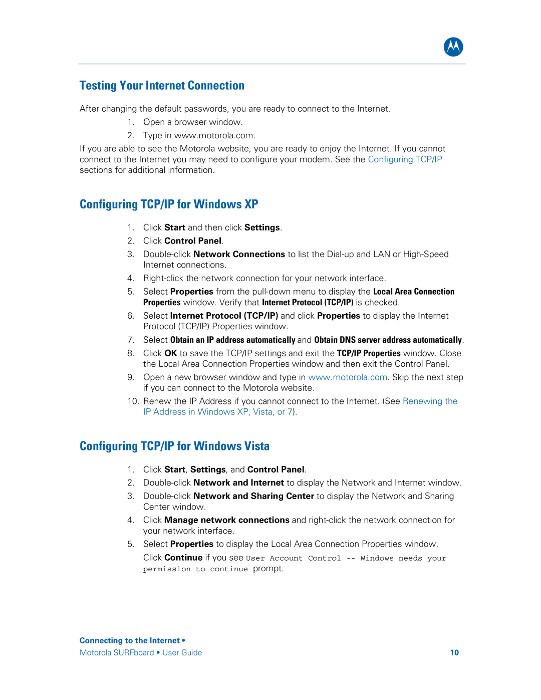 Motorola SBG6580 Testing Your Internet Connection, Configuring TCP/IP for Windows XP, Configuring TCP/IP for Windows Vista 