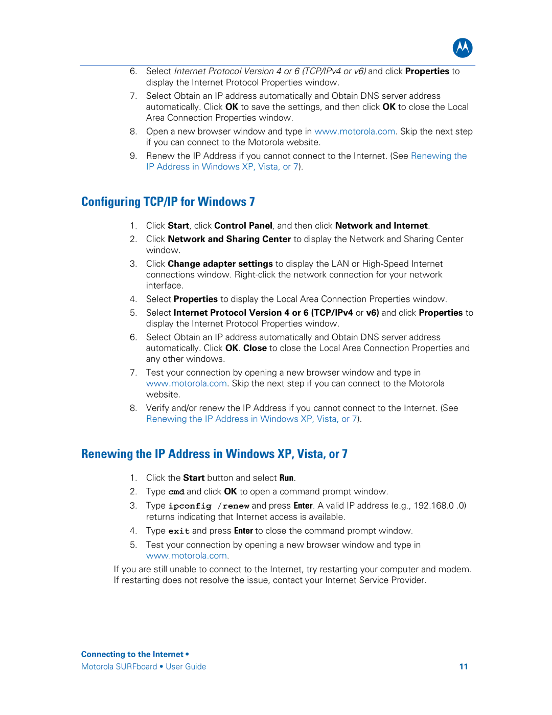 Motorola SBG6580 manual Configuring TCP/IP for Windows, Renewing the IP Address in Windows XP, Vista, or 