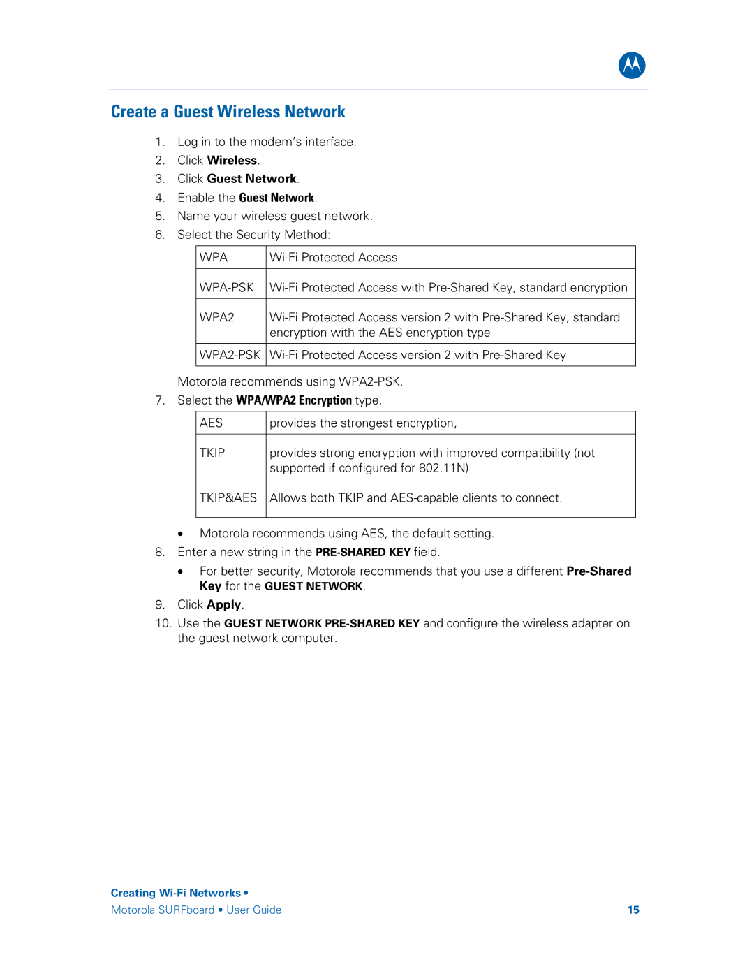 Motorola SBG6580 manual Create a Guest Wireless Network, Click Wireless Click Guest Network Enable the Guest Network 