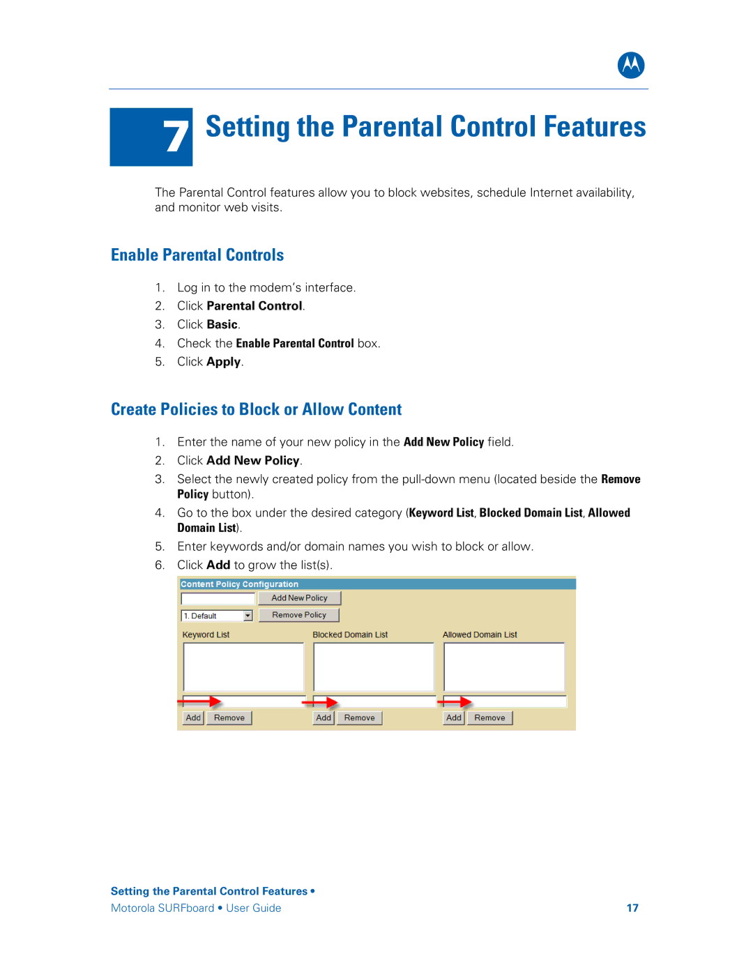 Motorola SBG6580 manual Enable Parental Controls, Create Policies to Block or Allow Content, Click Parental Control 