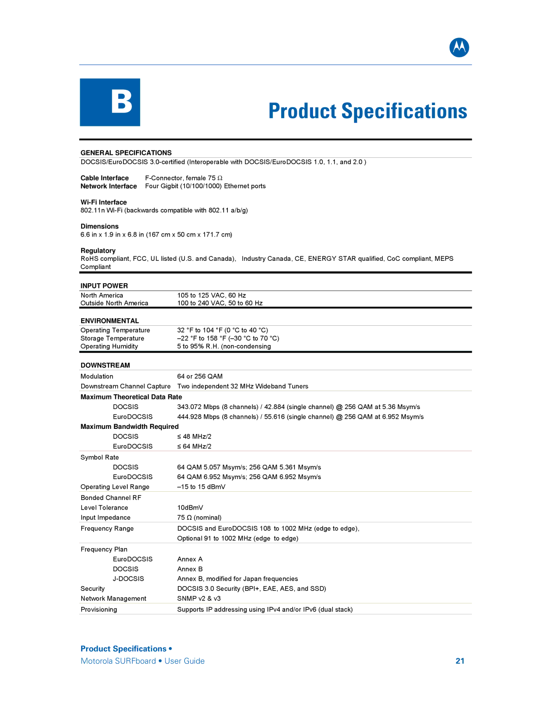 Motorola SBG6580 manual Product Specifications 