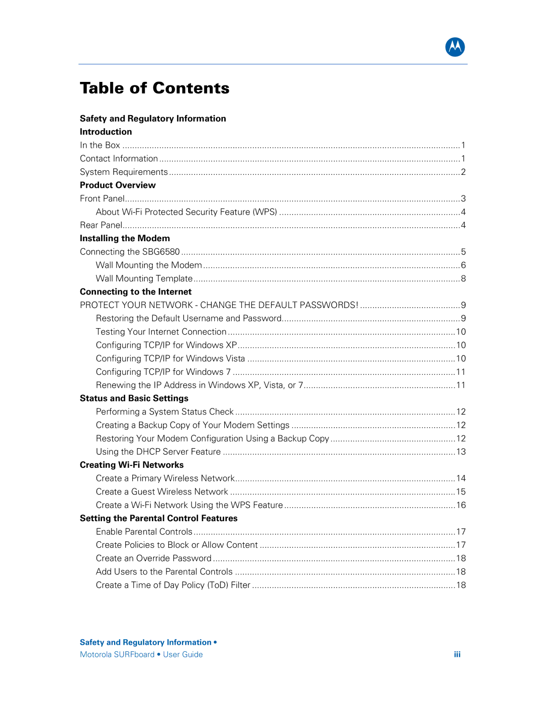 Motorola SBG6580 manual Table of Contents 