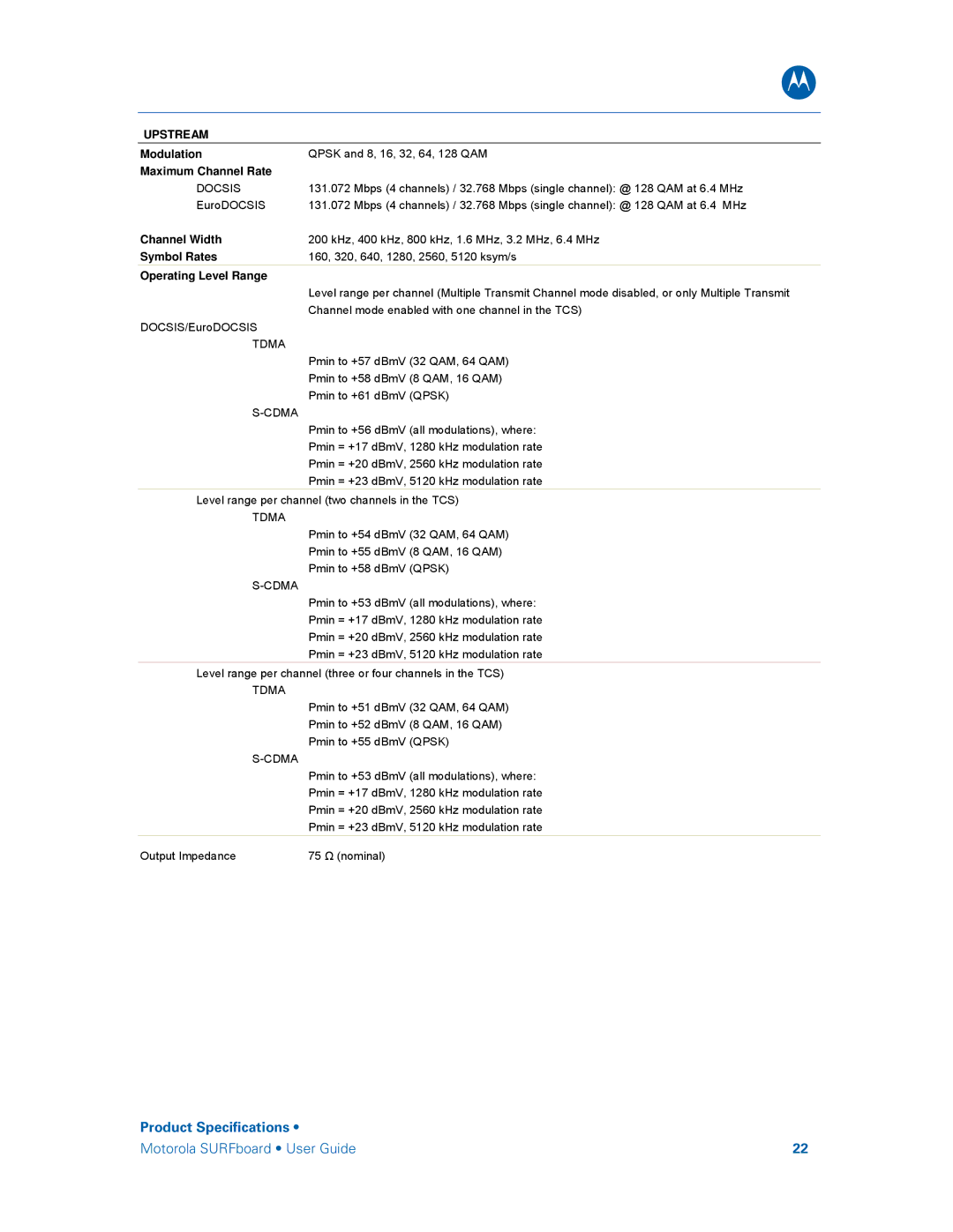 Motorola SBG6580 manual Product Specifications 