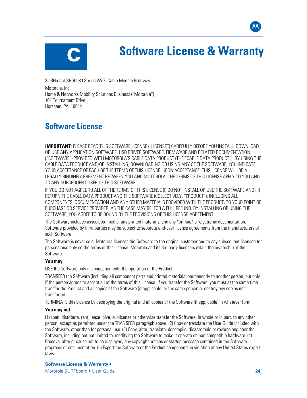 Motorola SBG6580 manual Software License, You may not 