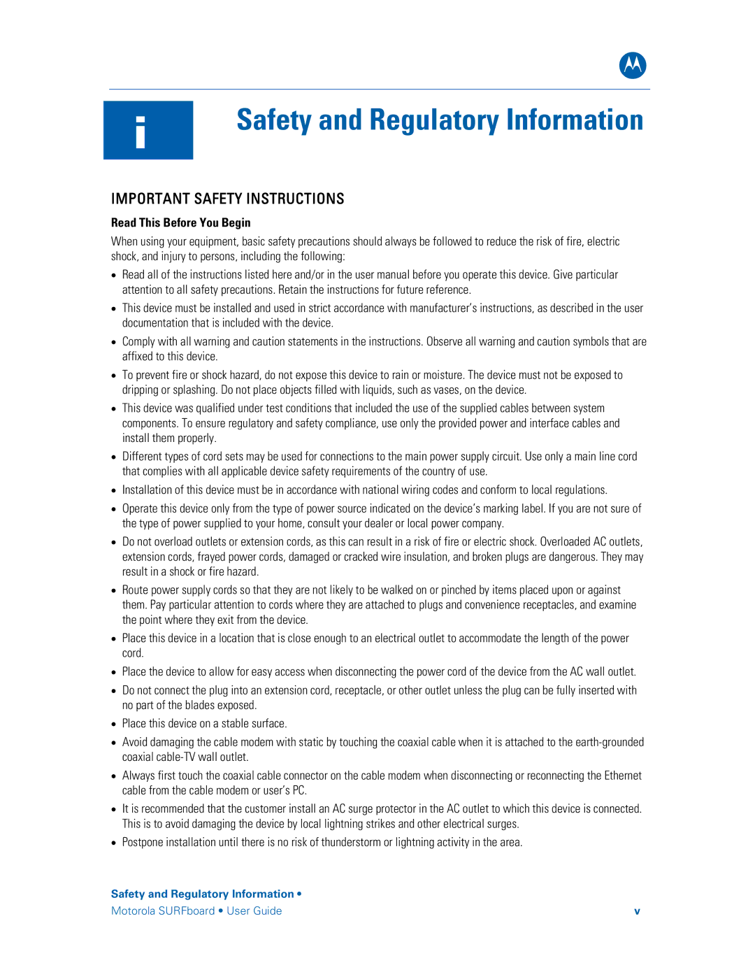 Motorola SBG6580 manual Safety and Regulatory Information, Read This Before You Begin 