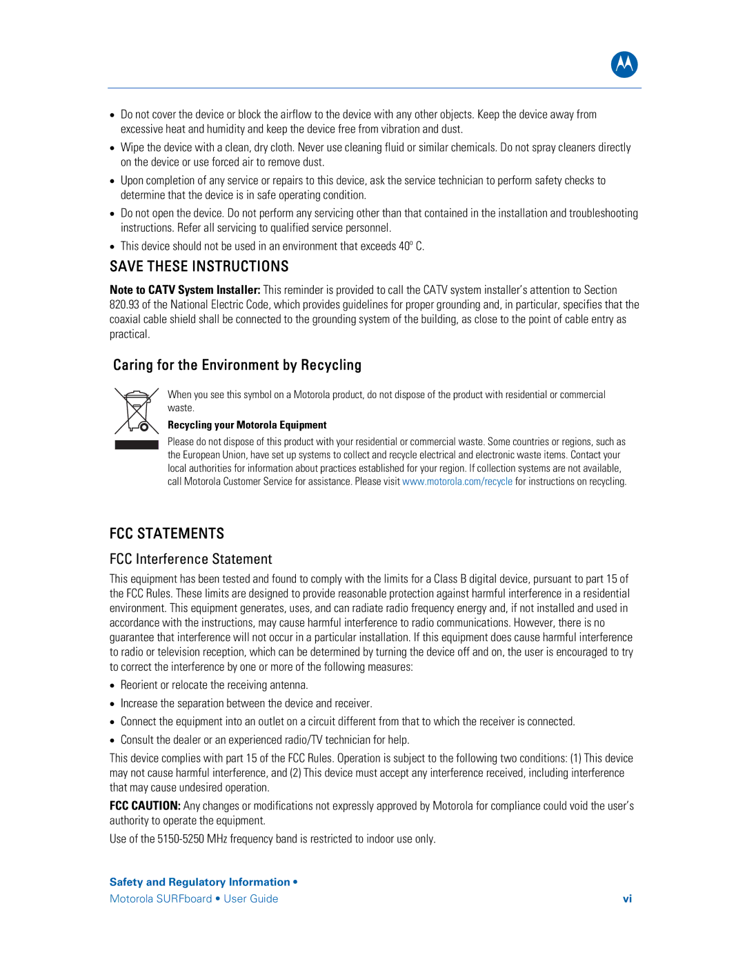 Motorola SBG6580 manual FCC Statements 