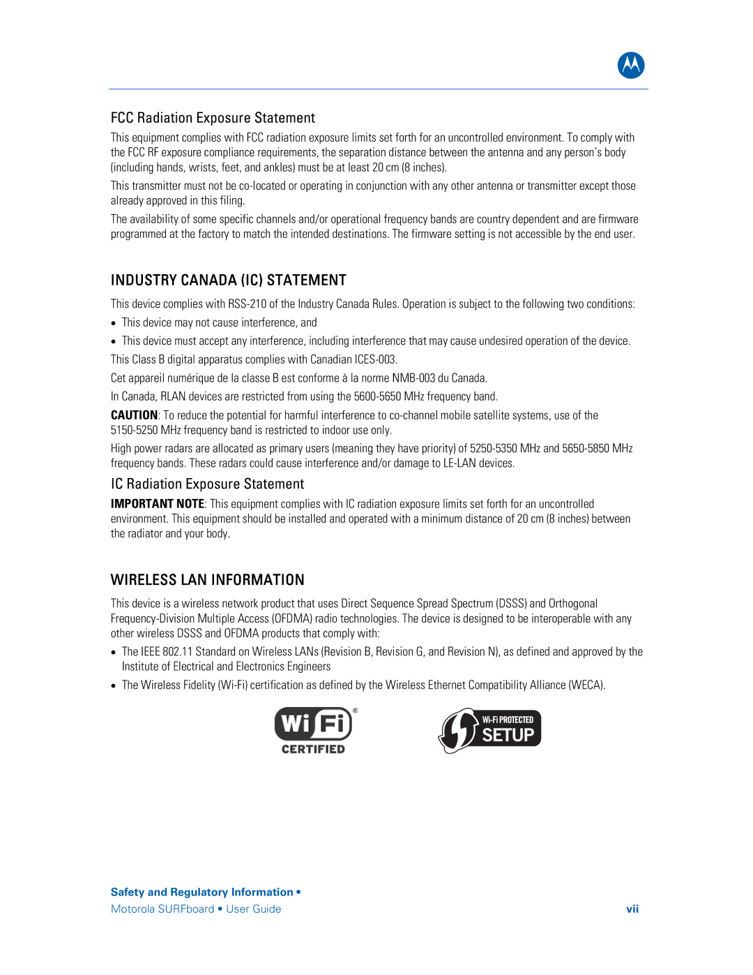 Motorola SBG6580 manual Industry Canada IC Statement 