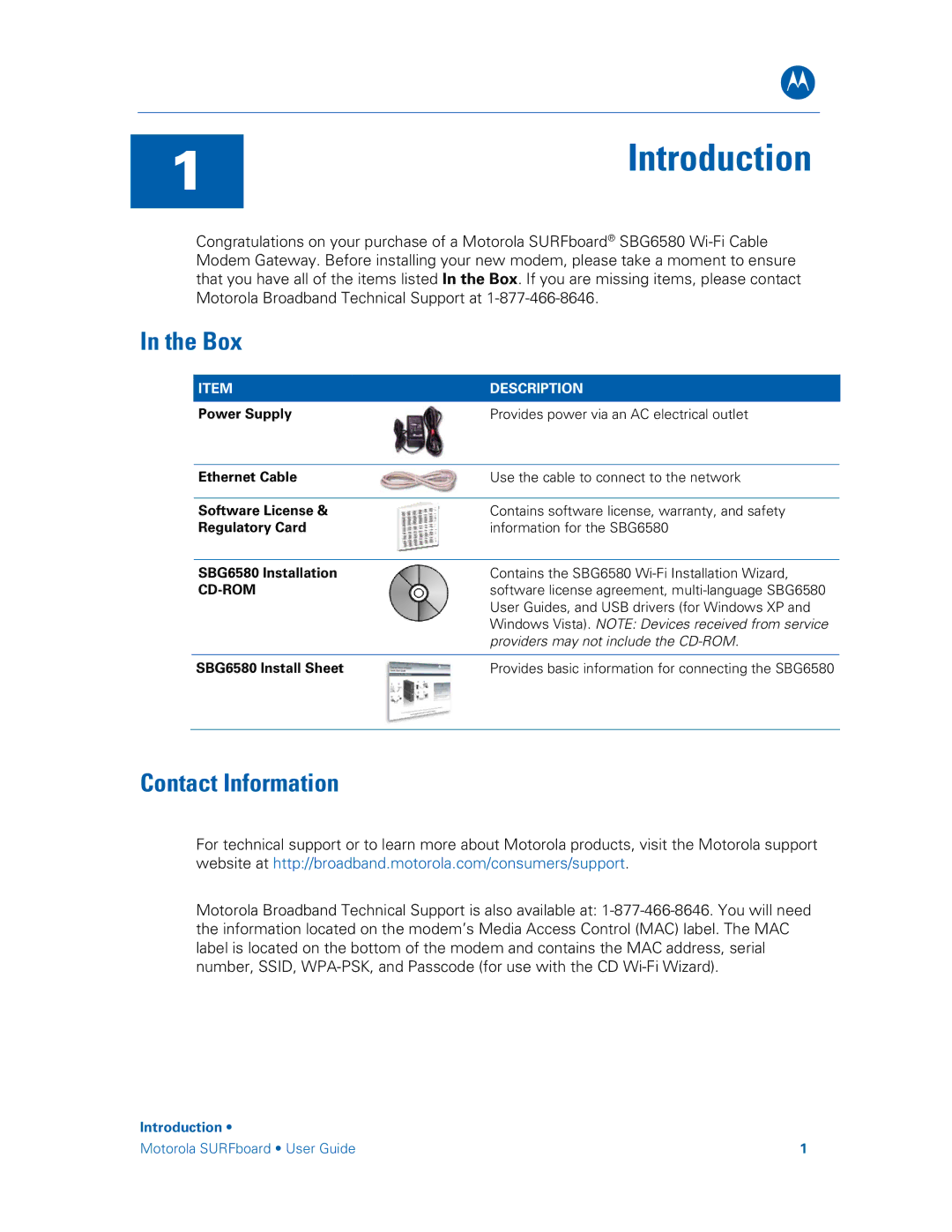 Motorola SBG6580 manual Box, Contact Information 