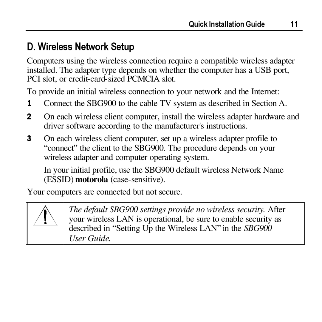 Motorola SBG900 manual Wireless Network Setup 