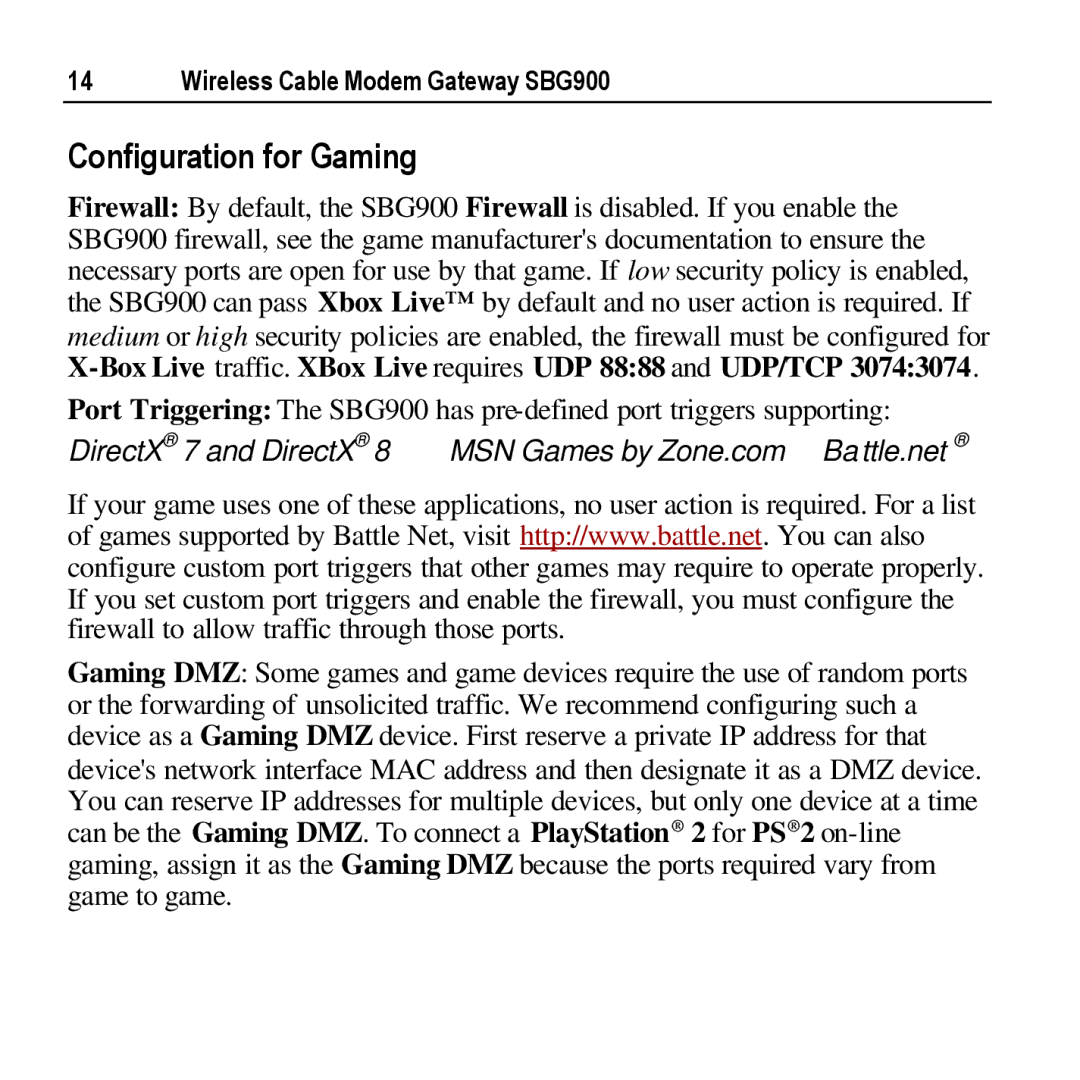 Motorola SBG900 manual Configuration for Gaming, DirectX 7 and DirectX 