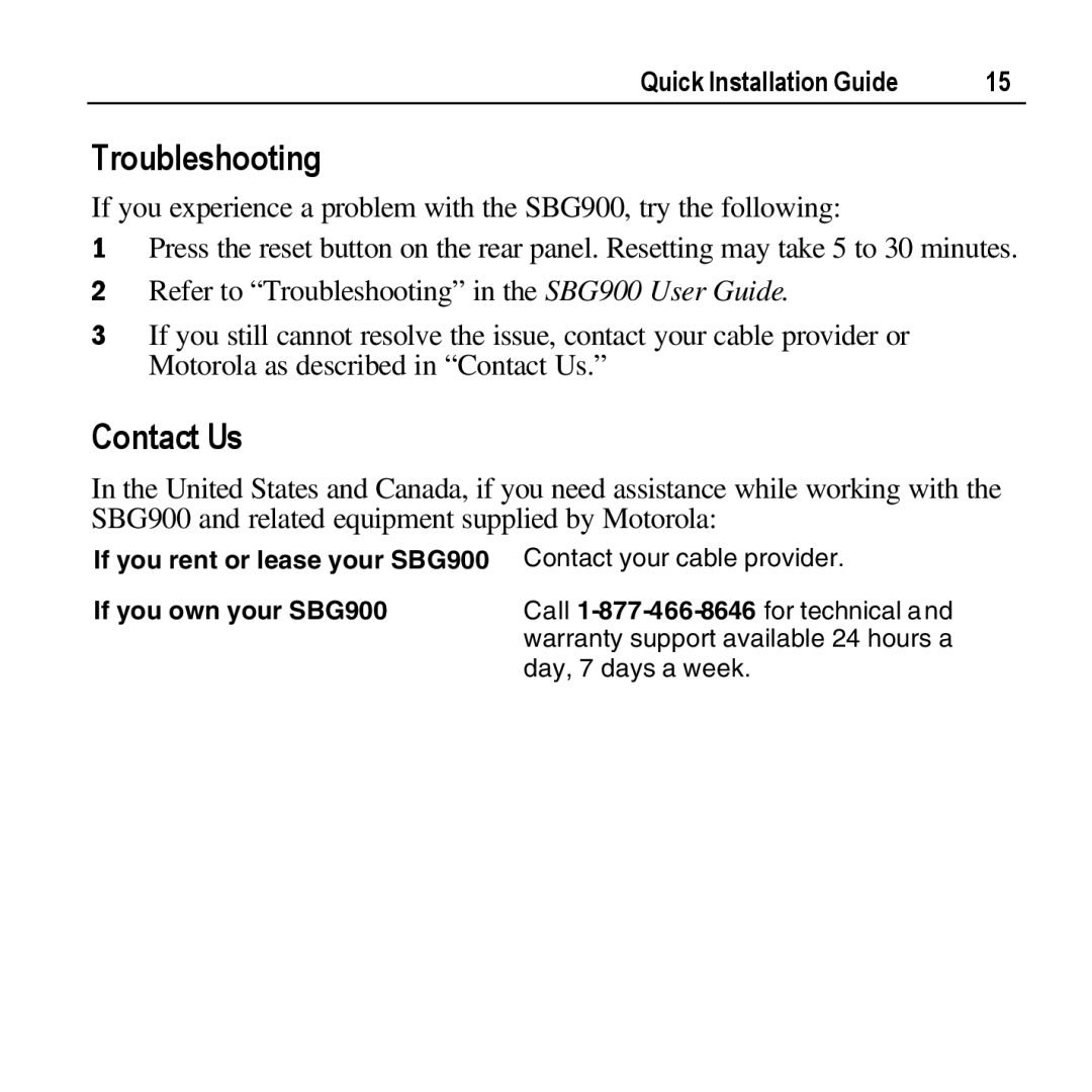 Motorola SBG900 manual Troubleshooting, Contact Us 