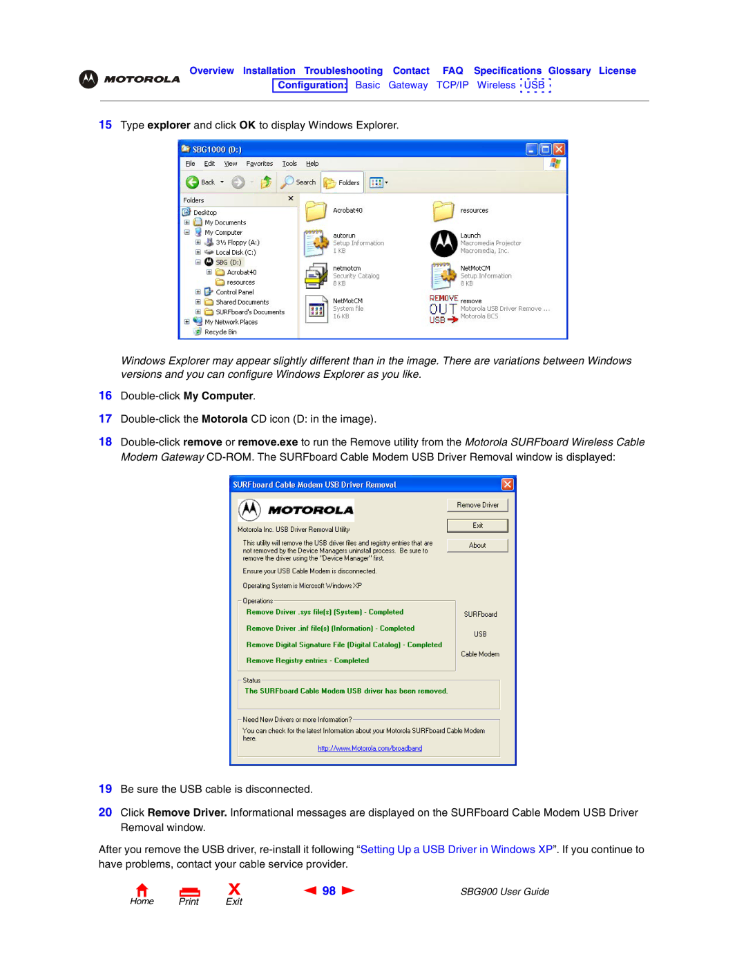 Motorola SBG900 manual Type explorer and click OK to display Windows Explorer 