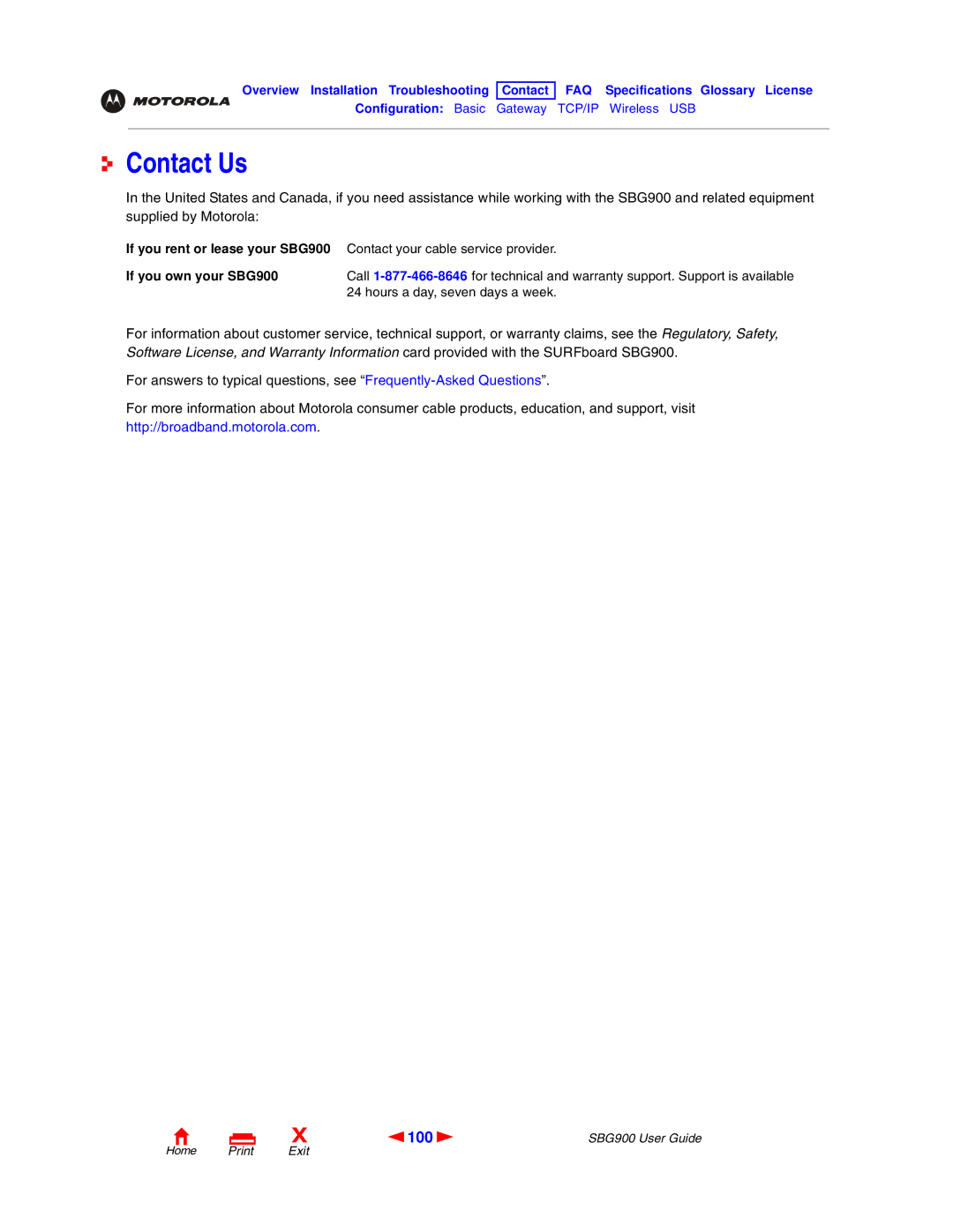 Motorola manual Contact Us, 100, If you rent or lease your SBG900, If you own your SBG900 