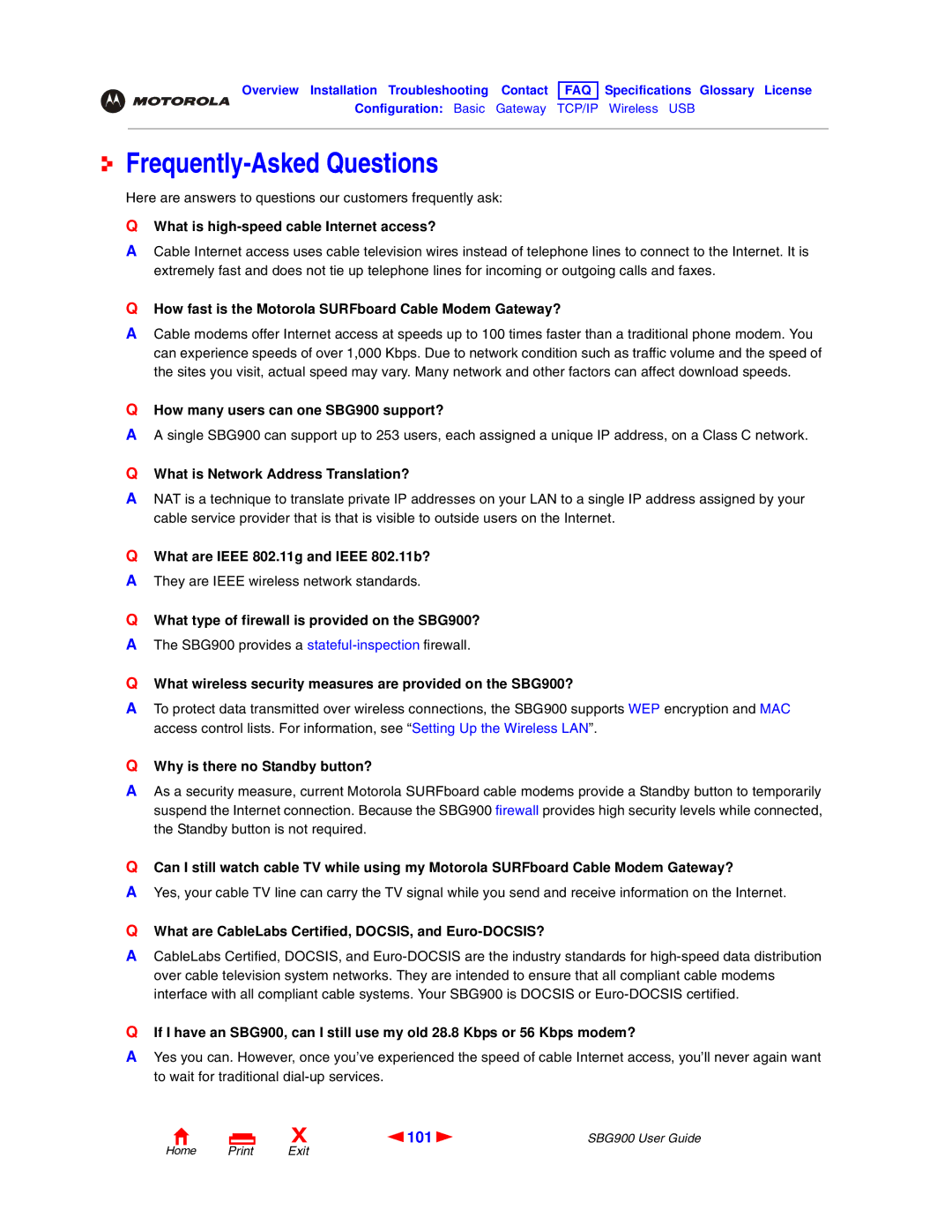 Motorola SBG900 manual Frequently-Asked Questions, 101 
