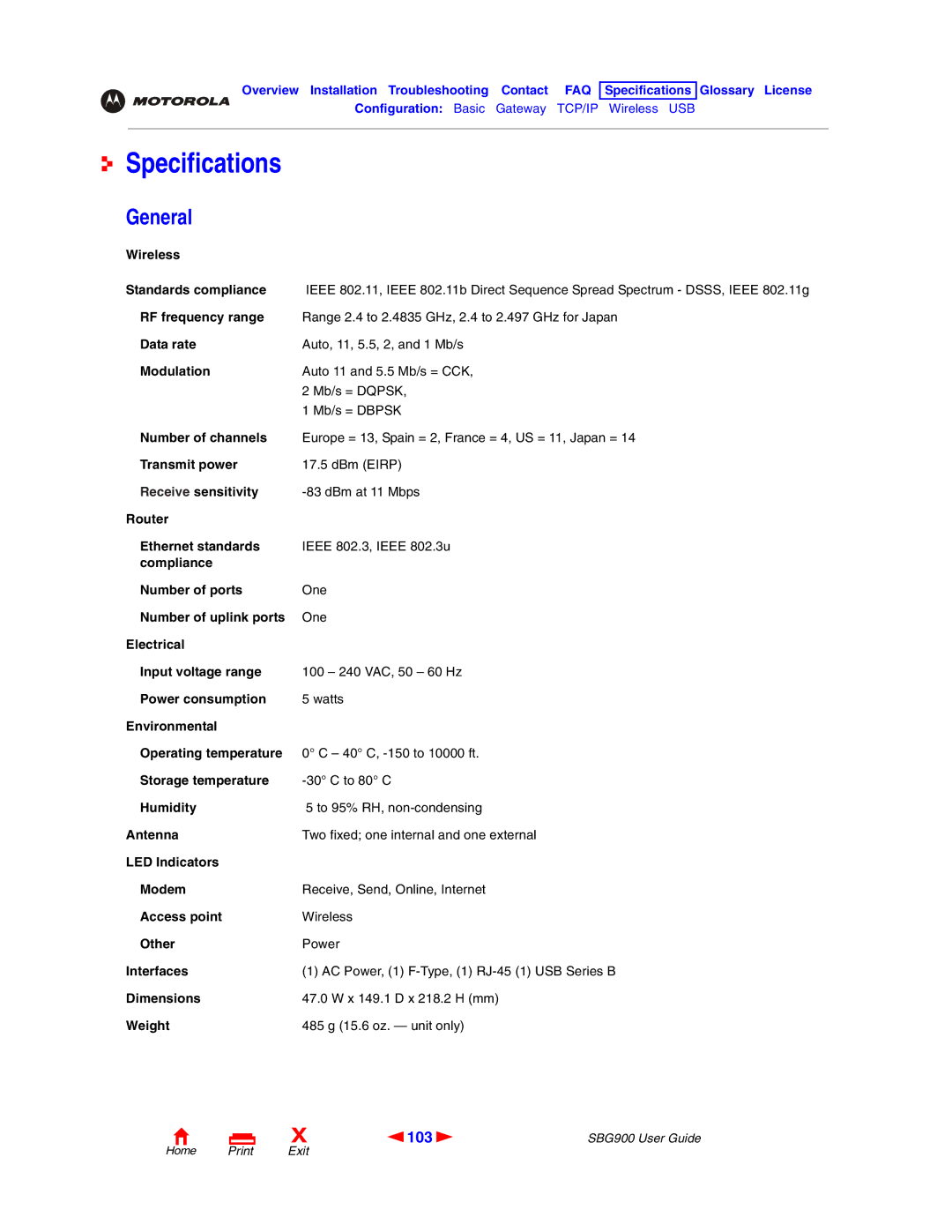 Motorola SBG900 manual Specifications, General, 103 