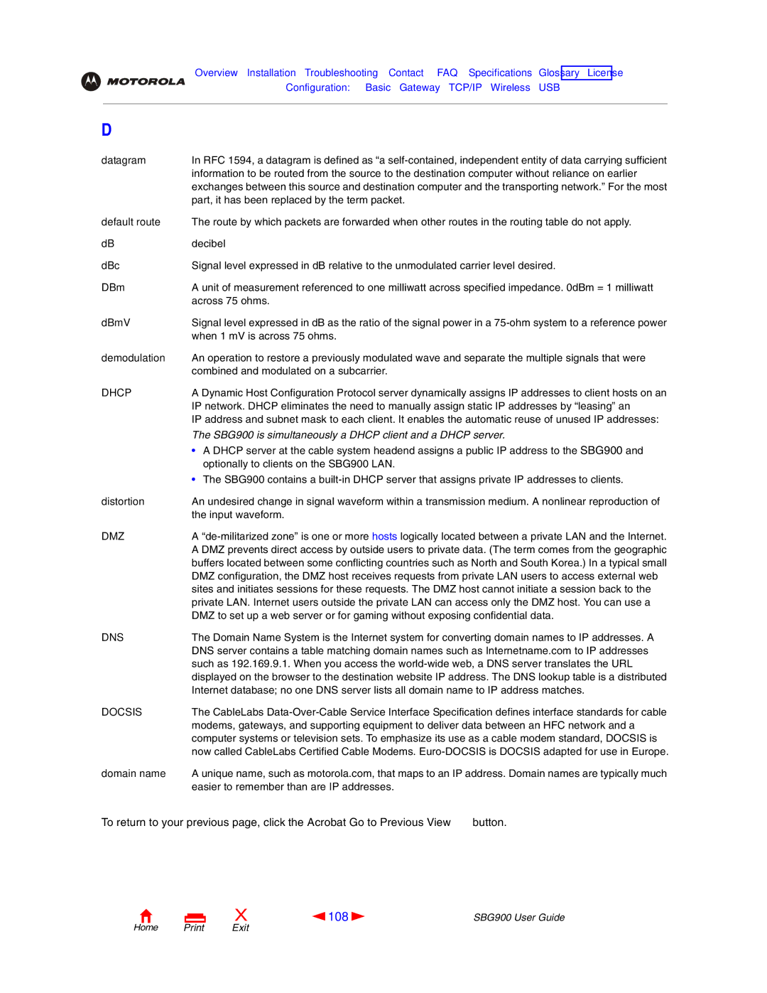 Motorola SBG900 manual 108, Dhcp, Dmz, Dns, Docsis 