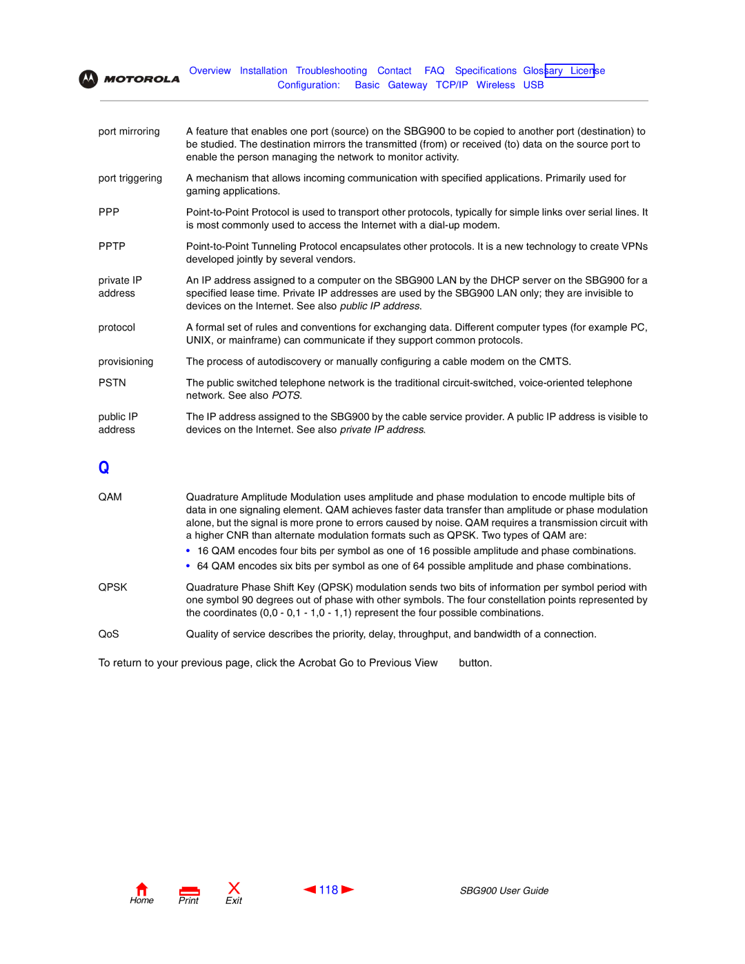 Motorola SBG900 manual 118, Pptp, Pstn, Qam, Qpsk 