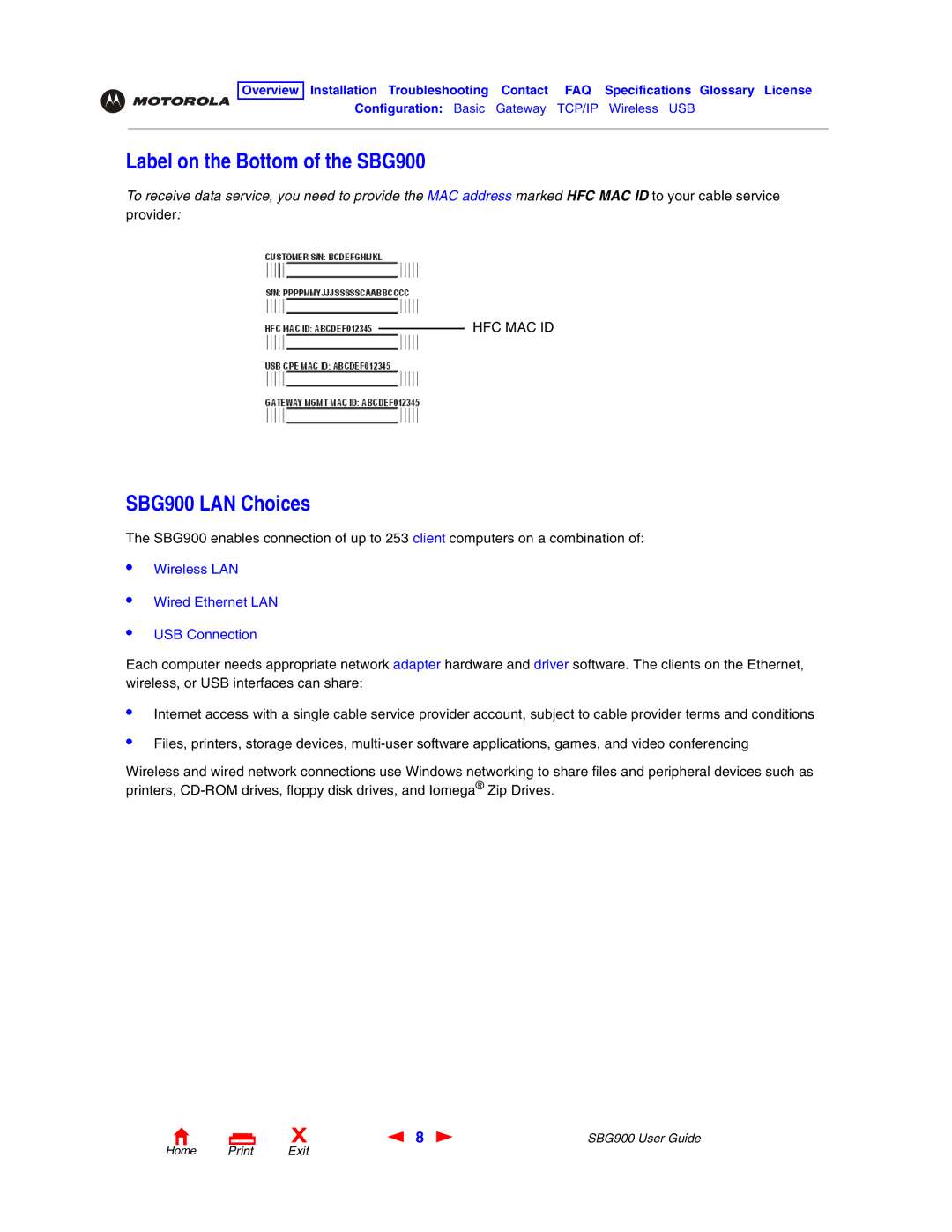 Motorola manual Label on the Bottom of the SBG900, SBG900 LAN Choices 