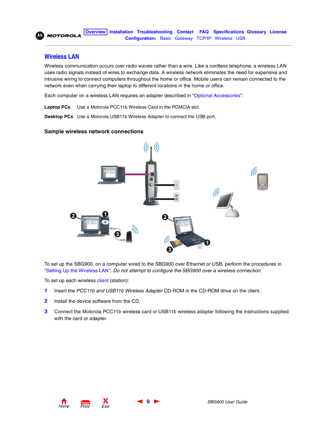 Motorola SBG900 manual Wireless LAN, Sample wireless network connections 