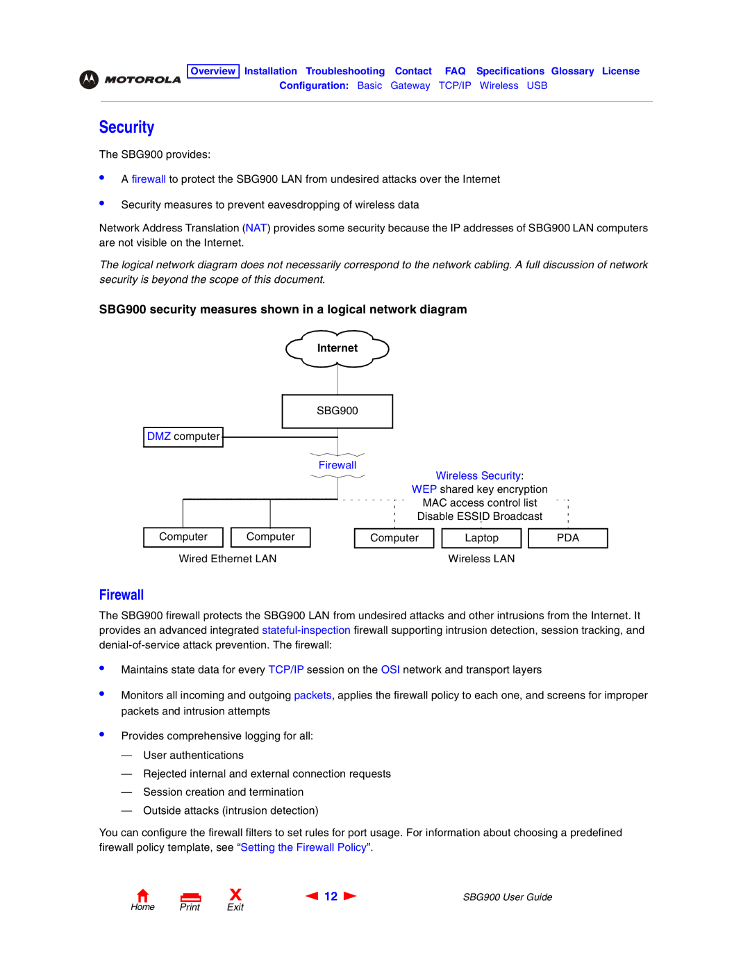 Motorola SBG900 manual Security, Firewall 