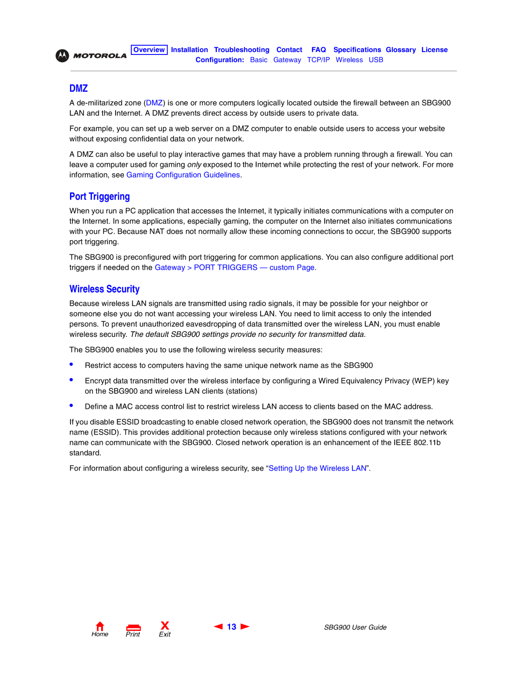 Motorola SBG900 manual Port Triggering, Wireless Security 