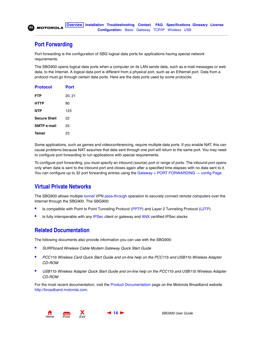 Motorola SBG900 manual Port Forwarding, Virtual Private Networks, Related Documentation, Protocol Port, FTP Http NTP 