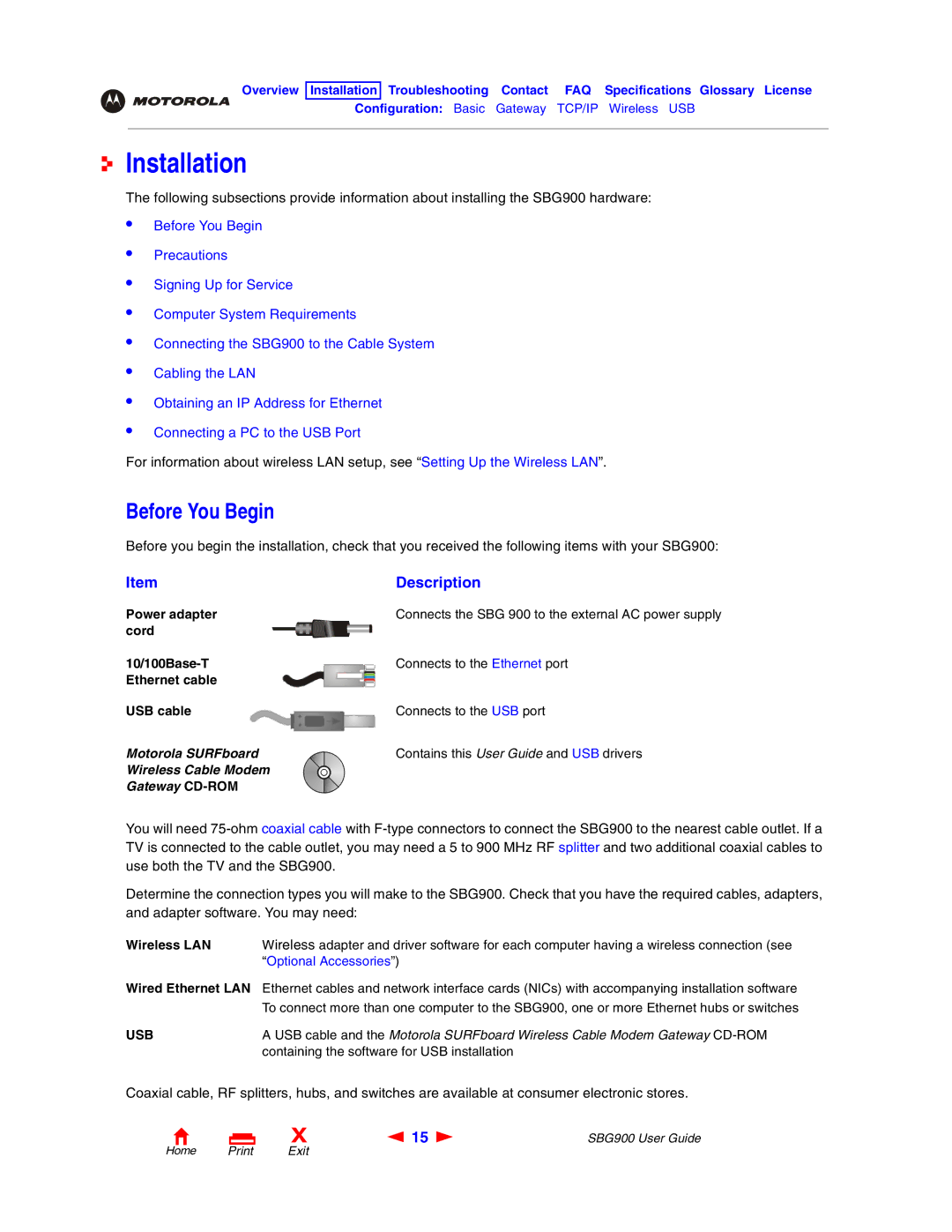 Motorola SBG900 manual Installation, Before You Begin, Description, Usb 