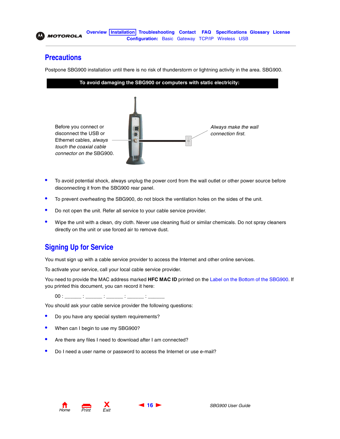 Motorola SBG900 manual Precautions, Signing Up for Service 