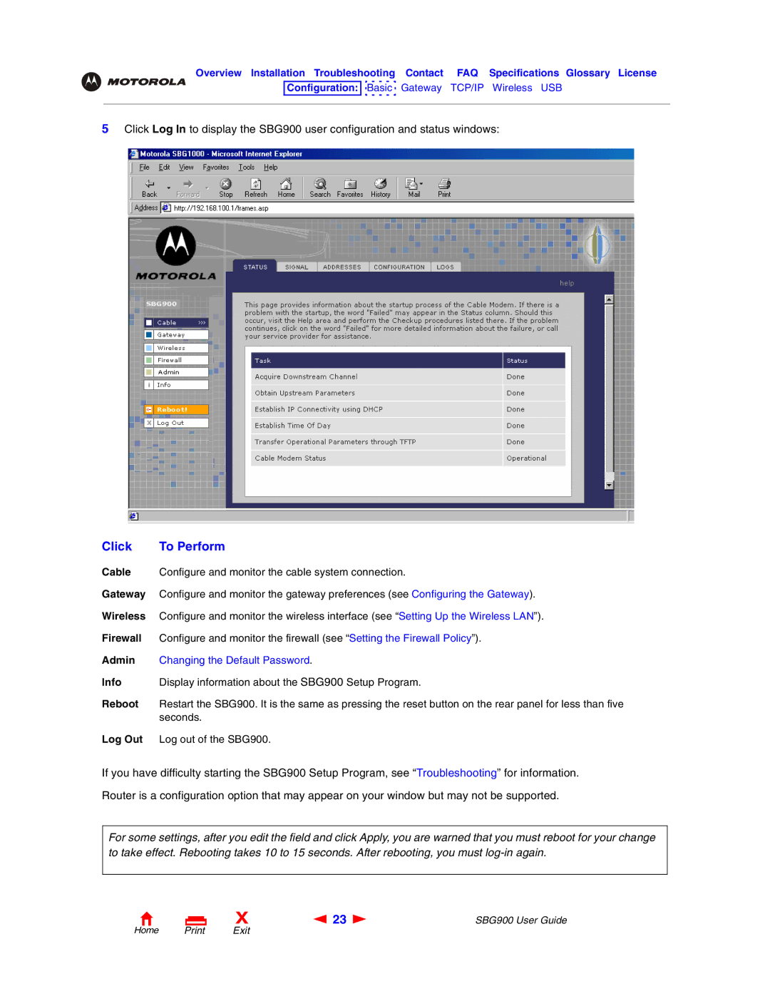 Motorola SBG900 manual Click, To Perform 