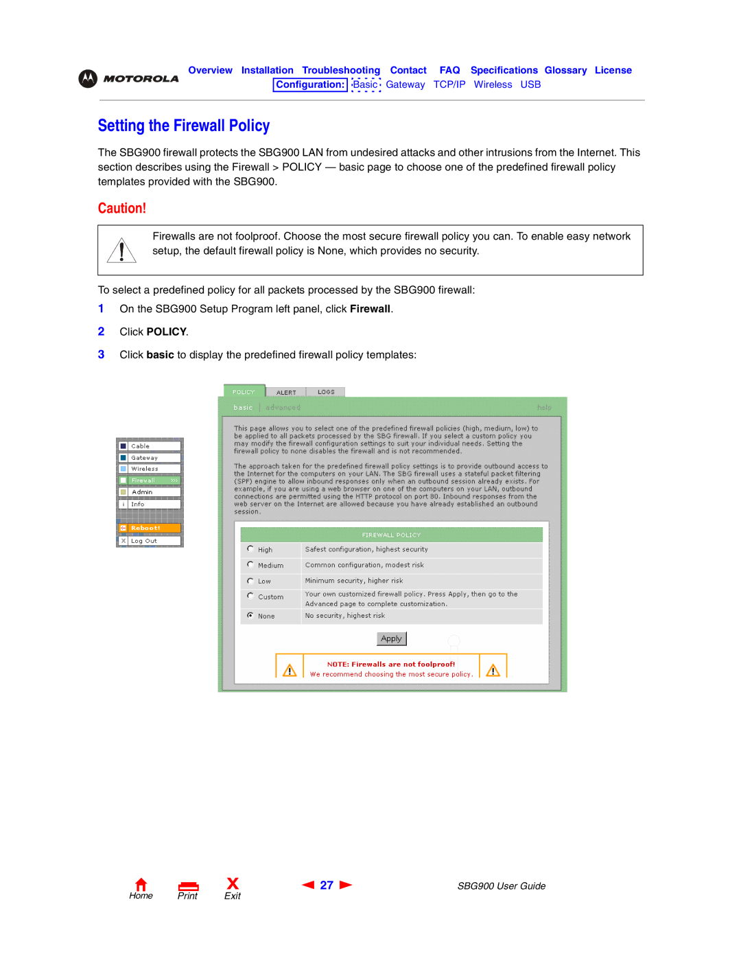 Motorola SBG900 manual Setting the Firewall Policy 