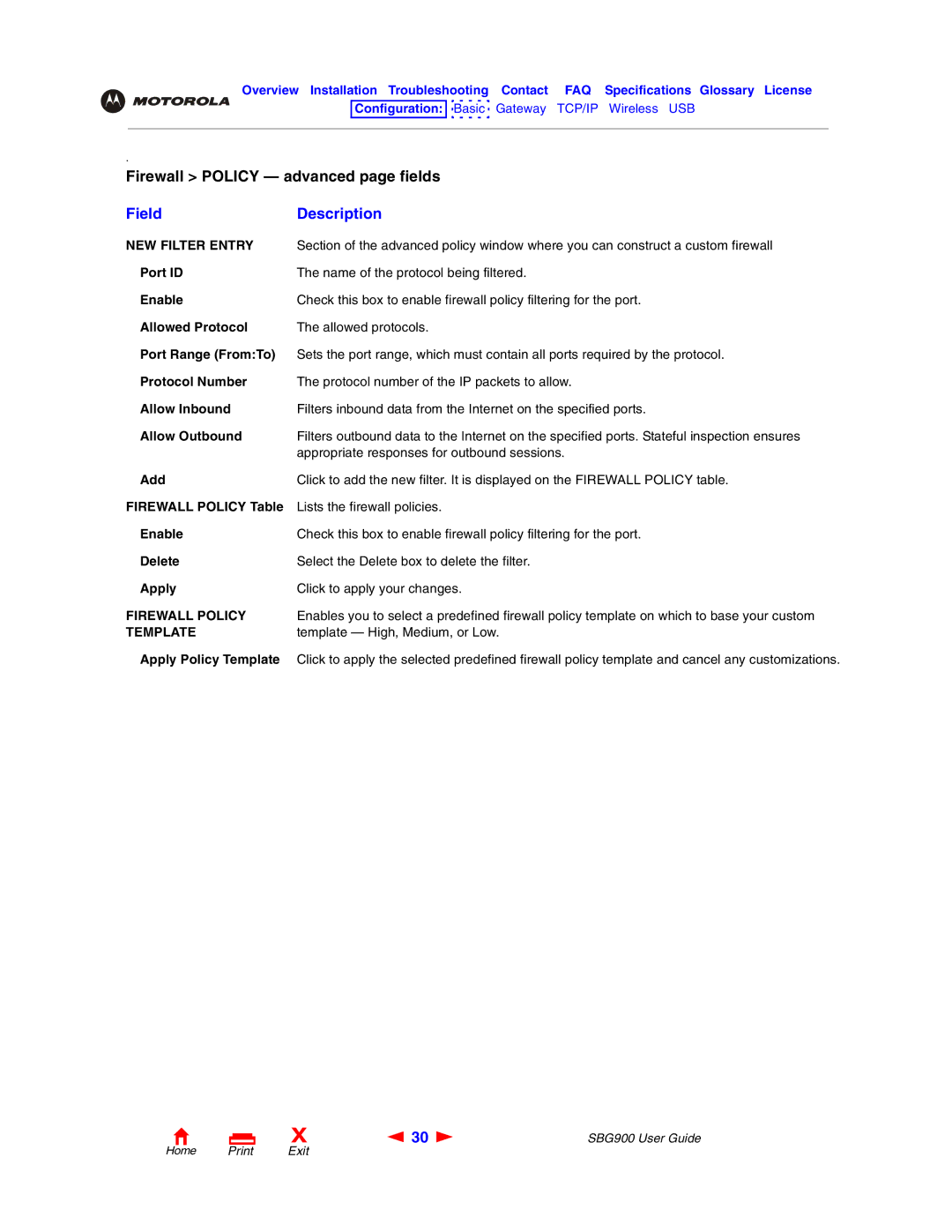 Motorola SBG900 manual Field Description, NEW Filter Entry, Firewall Policy, Template 