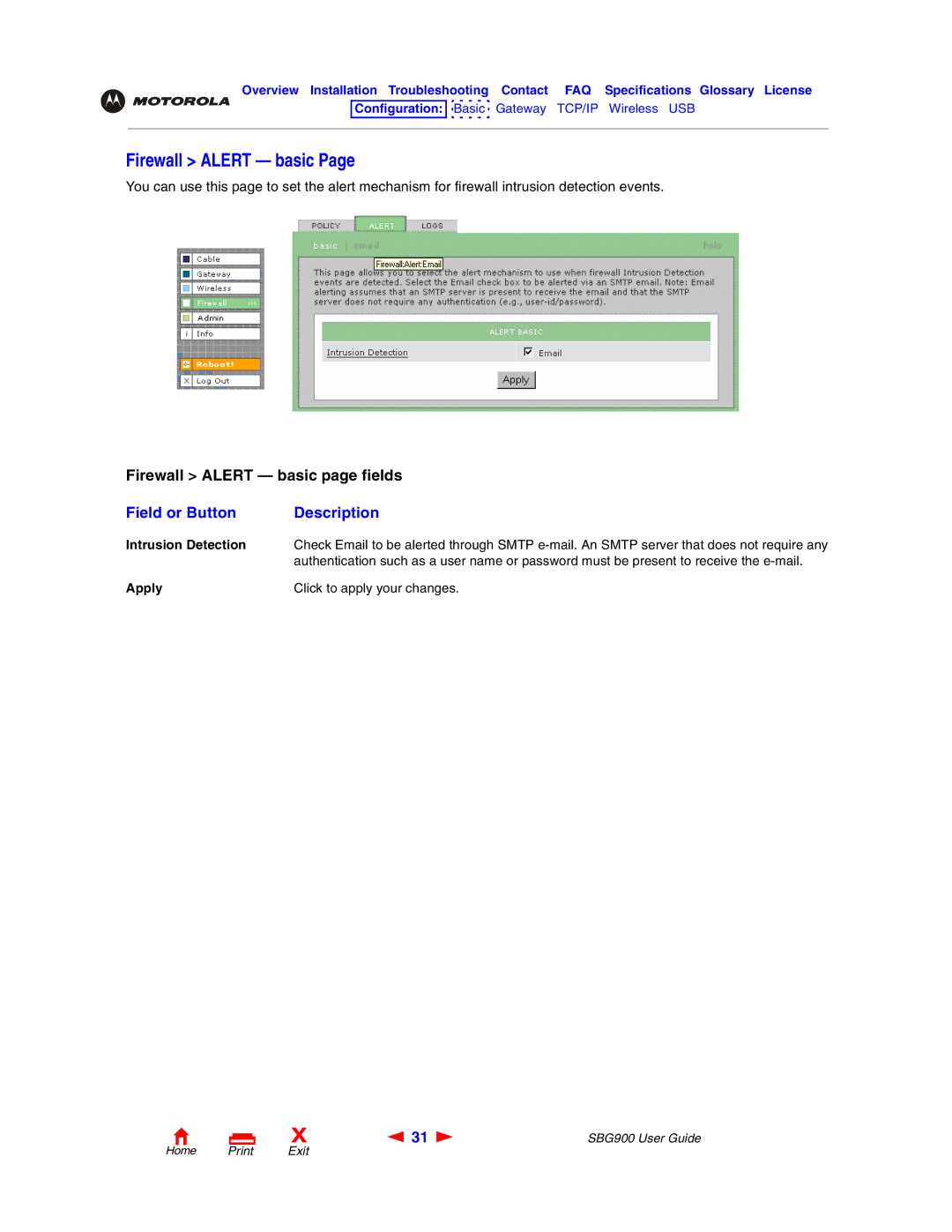 Motorola SBG900 manual Firewall Alert basic, Field or Button Description, Intrusion Detection 