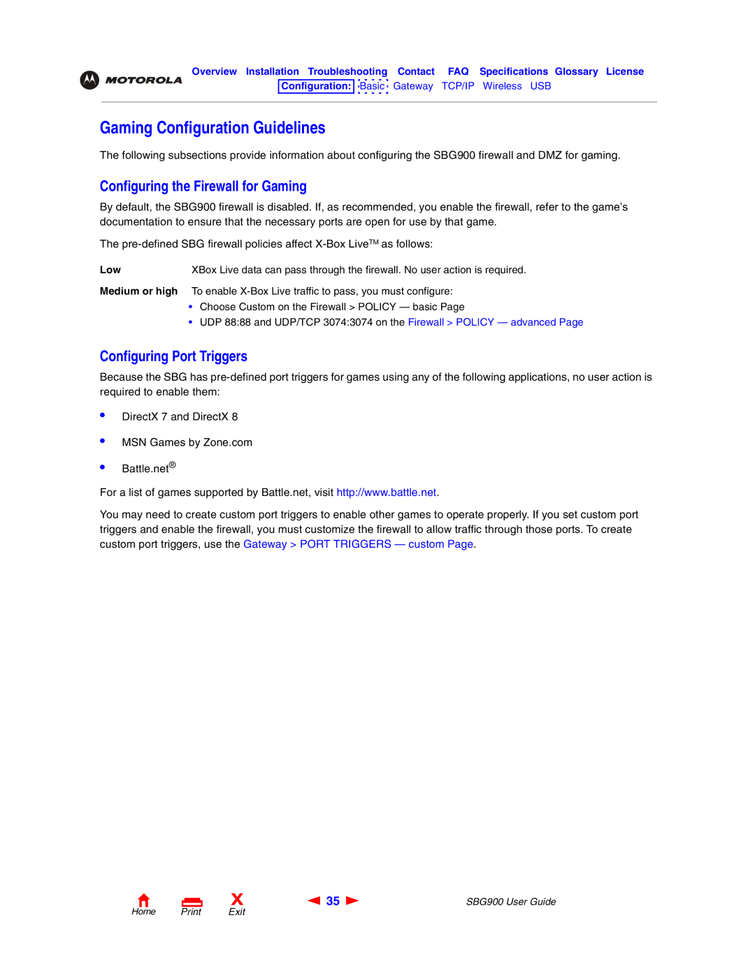 Motorola SBG900 manual Gaming Configuration Guidelines, Configuring the Firewall for Gaming, Configuring Port Triggers 