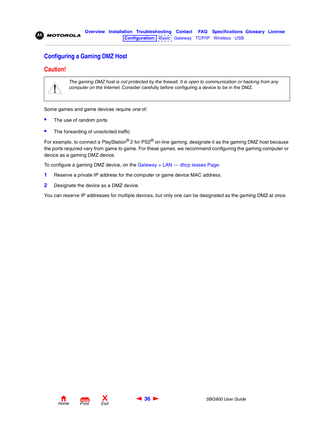 Motorola SBG900 manual Configuring a Gaming DMZ Host 