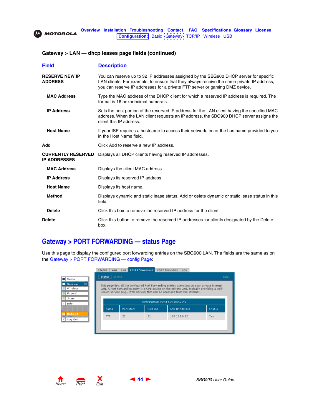 Motorola SBG900 manual Gateway Port Forwarding status, Reserve NEW IP, Currently Reserved, IP Addresses 