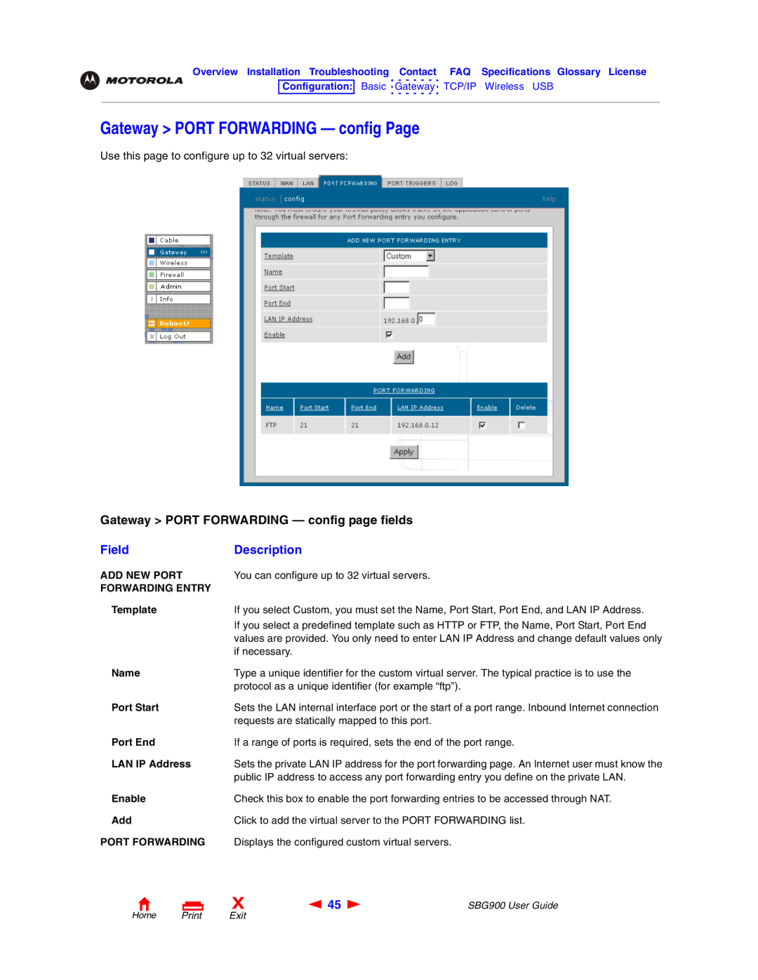 Motorola SBG900 manual Gateway Port Forwarding config, ADD NEW Port, Forwarding Entry 