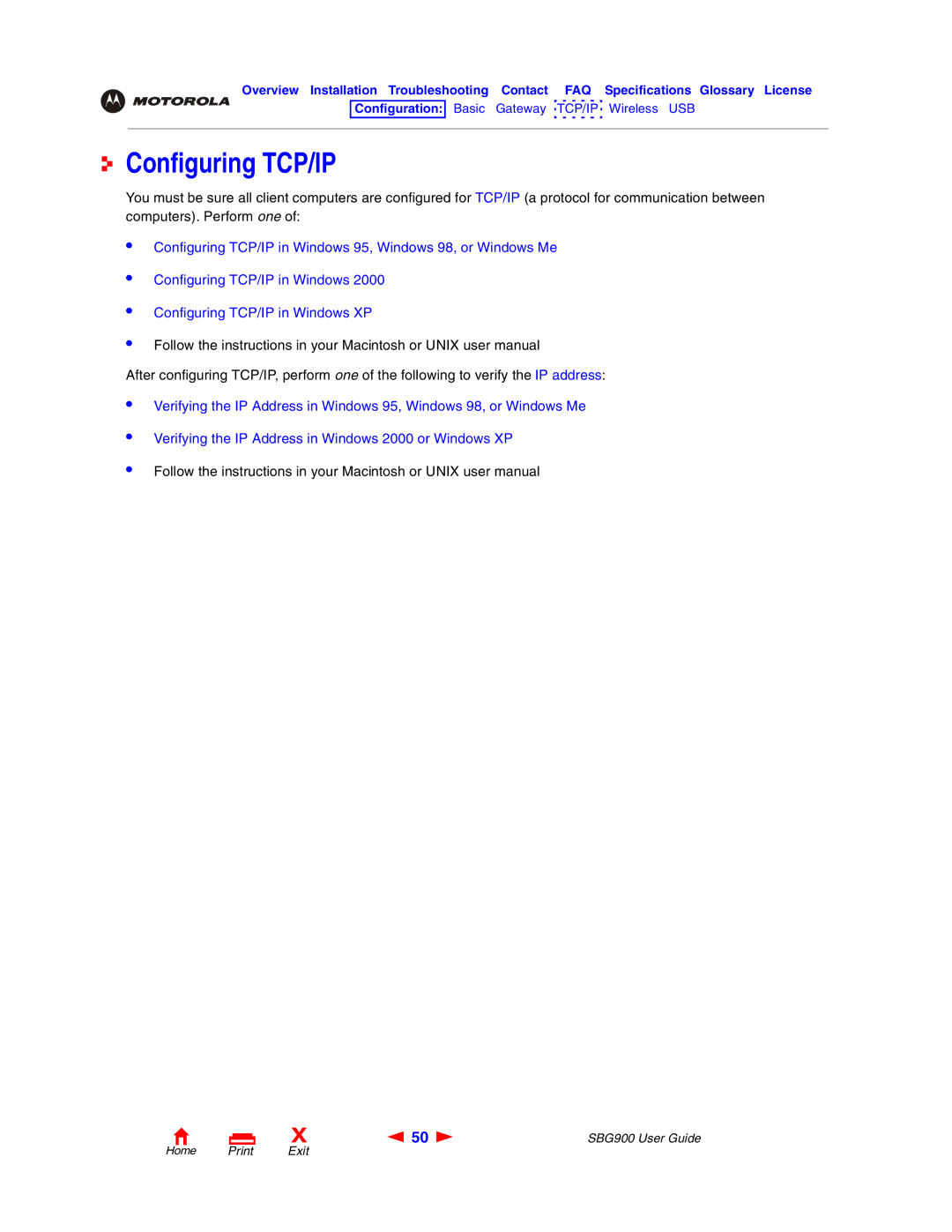 Motorola SBG900 manual Configuring TCP/IP 