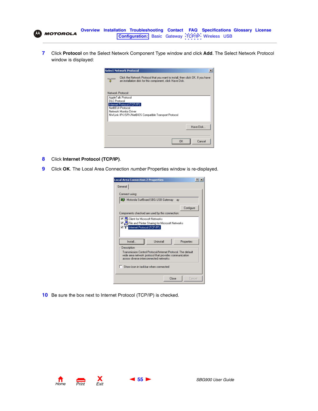 Motorola SBG900 manual Click Internet Protocol TCP/IP 