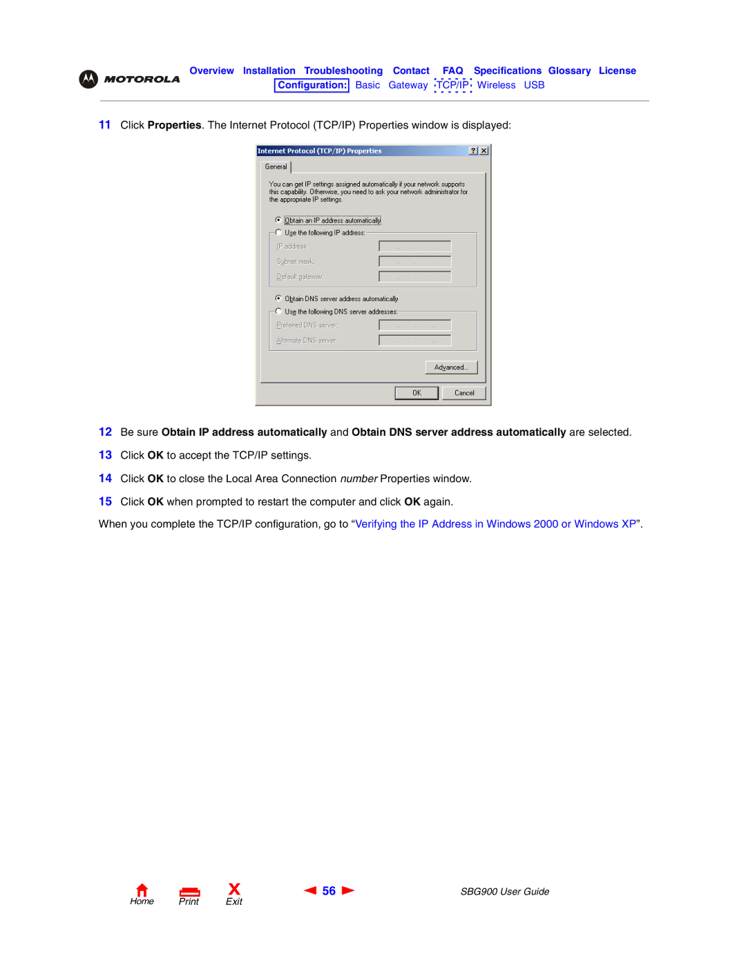 Motorola SBG900 manual Home Print Exit 