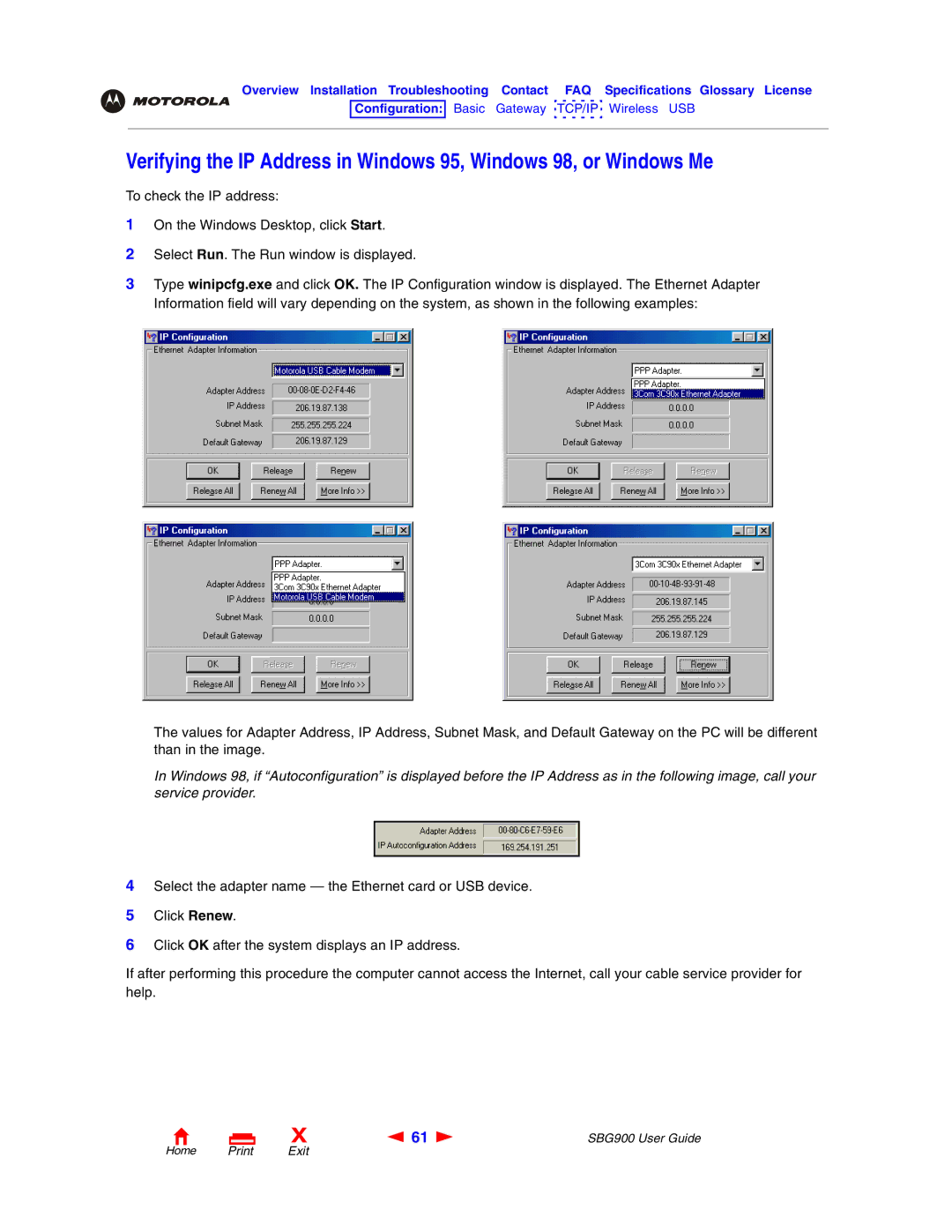 Motorola SBG900 manual Home Print Exit 