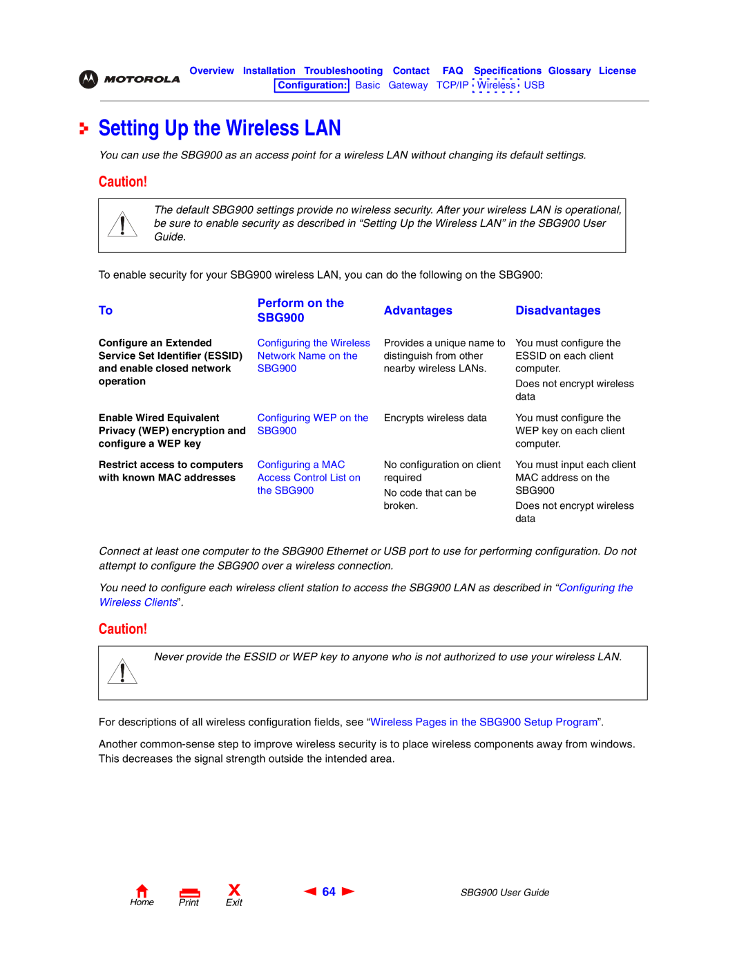 Motorola SBG900 manual Setting Up the Wireless LAN, Perform on, Advantages Disadvantages 