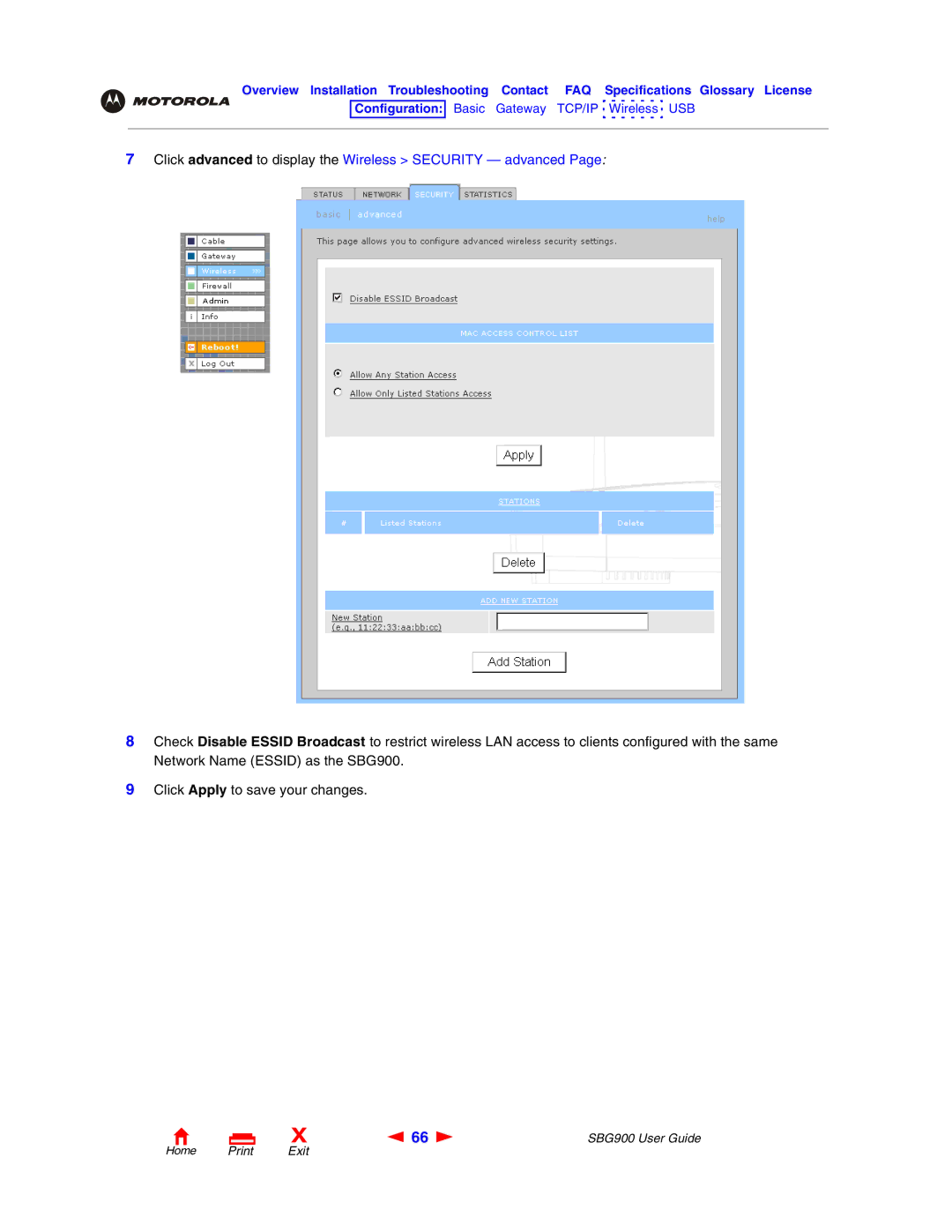 Motorola SBG900 manual Click advanced to display the Wireless Security advanced 